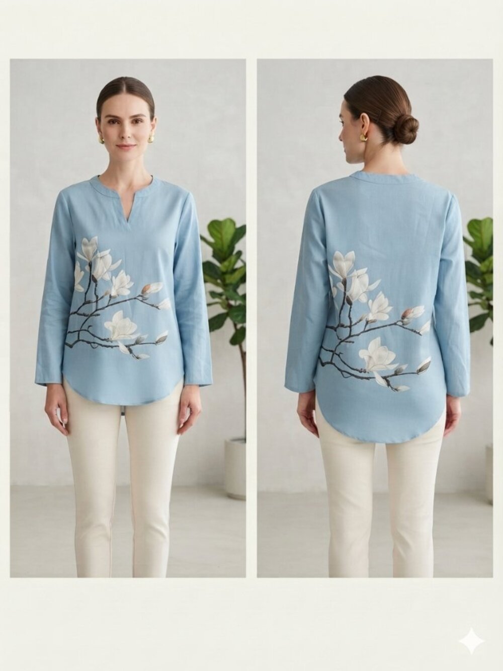 Women’s Long Sleeve V-Neck Floral Tunic Top Light Blue L
